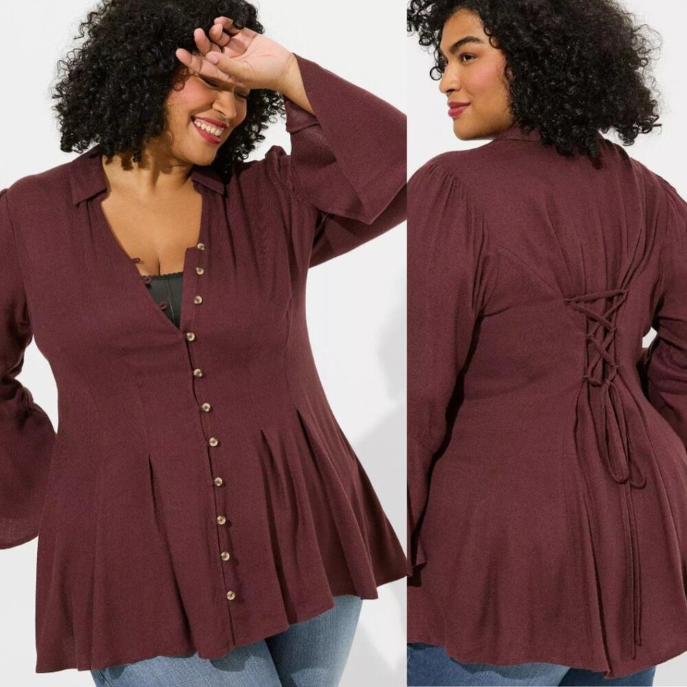 Torrid Tunic Top Size 1 Fit Flare Softest Flannel Bell Long Sleeve Lace Up Back
